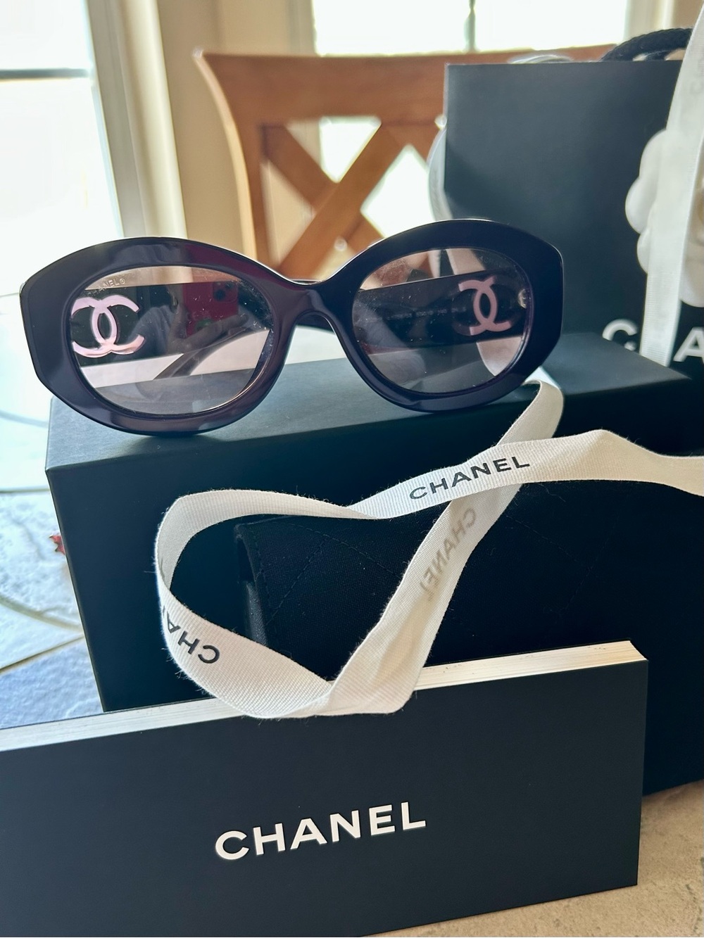 CHANEL Dark Purple Oval Sunglasses with Clear CC Logos
